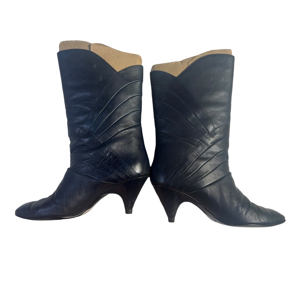 Gloria Vanderbilt VTG 5 Navy Blue Leather Pleated Kitten Heel Boot Pointed Toe - Picture 6 of 16